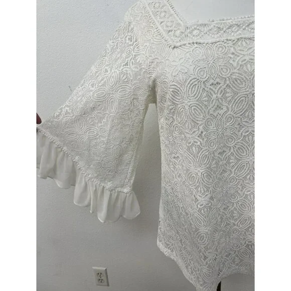 White House Black Market Lined White Lace Top Chiffon Ruffle Sleeves Sze S - Picture 6 of 16